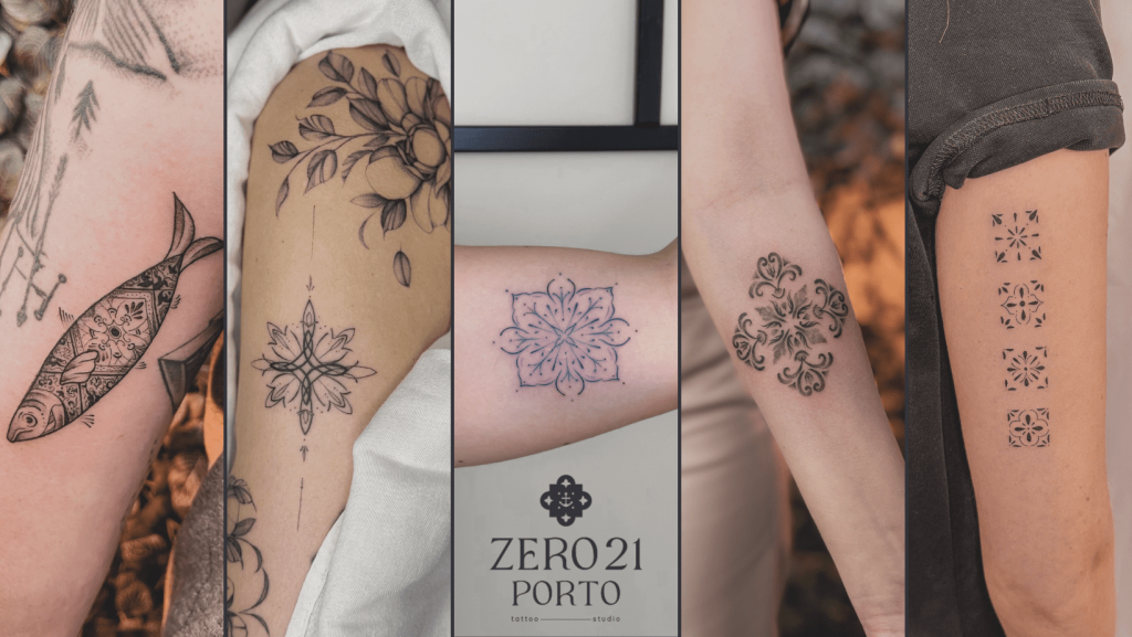 Tatuagens inspiradas em azulejos portugueses feitas no Zero21 Porto Tattoo Studio